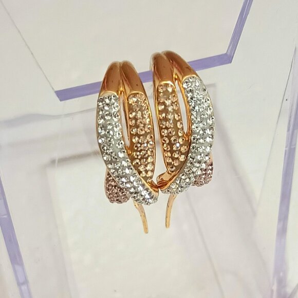 925 Pave Twisted Hoop Earrings Gold over Sterling Silver Pierced - Picture 4 of 13